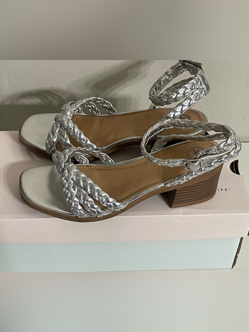 wonder nation Silver Braided Strap Block Heel Sandals - Women